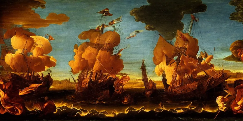 Image similar to renaissance painting of a 1 8 th century ship on fire at night. cinematic