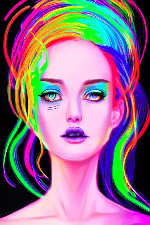 Image similar to a award winning portrait of a beautiful woman with stunning eyes in a one off shoulder croptop and cargo pants with rainbow colored hair, outlined by whirling illuminated neon lines and fine lines swirling in circles by lois van baarle, digital art, trending on artstation