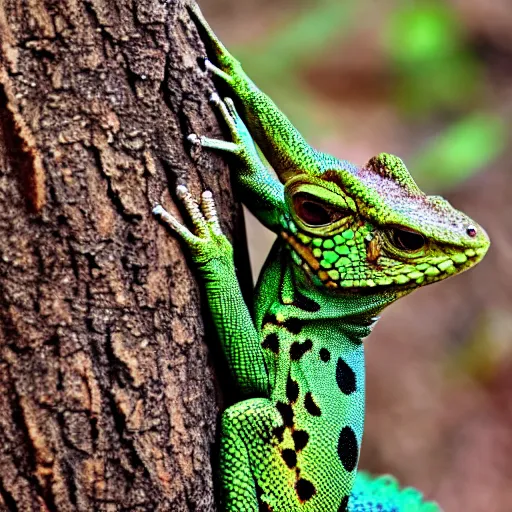 Image similar to camo wearing anthro lizard, photograph captured in the woods