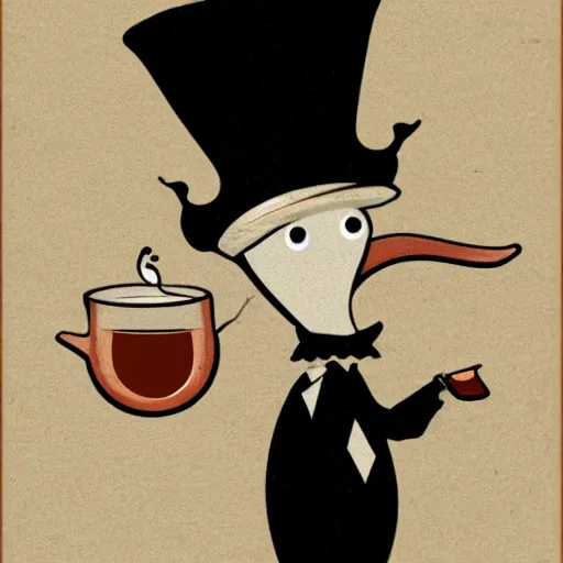 Prompt: anthropomorphized dolphin, wearing a top hat and drinking tea