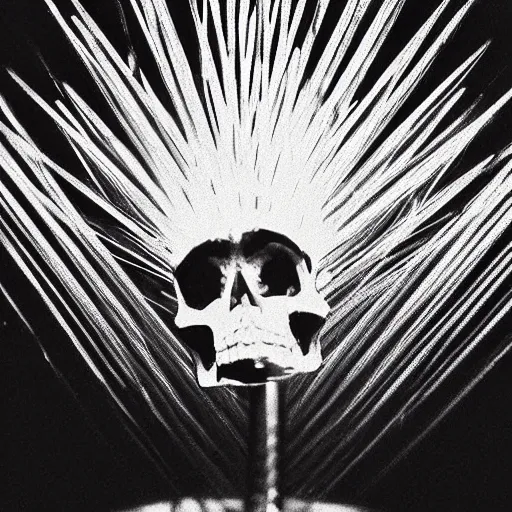 Image similar to a disco skull full of long spikes, reflecting light in a nightclub, grainy film photograph