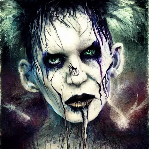 Prompt: emaciated ( the cure fan ) as dream from sandman, dim stars as eyes, by jeremy mann, by cedric peyravernay, by by russ mills, by richard avedon and ben templesmith, dramatic lightning, sadness, dark eye sockets, in the green shadows, punk rock, gothic, high detailed, 8 k