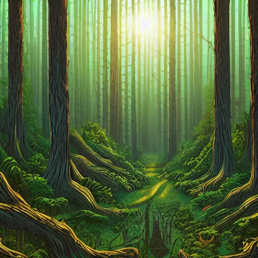 Prompt: a maze in the forest, digital painting by Dan Mumford, panoramic view, light and shadow