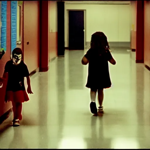 Prompt: film still from a horror movie, where zombie kids hunt their teacher in a school floor, cinematic, taken on a nikon, sharp focus, 4 k
