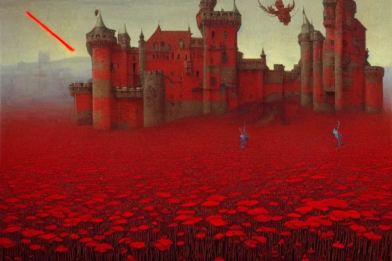 Image similar to only with red, red flowers of different types, a red tiger, a castle in the background, medieval demons dance over the flowers, an ancient path, in the style of beksinski, part by hopper, part by rodcenko, part by hofbauer, intricate composition, red by caravaggio, insanely quality, highly detailed, masterpiece, red light, artstation