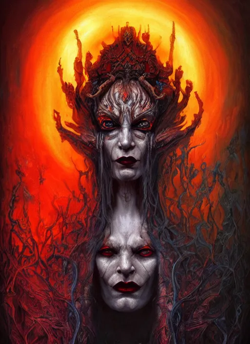 Prompt: masterpiece painting of evil witch portrait by elena kukanova, jeff easley, james jean and zdizslaw beksinski, 8 k, epic, majestic, intricate artwork, volumetric lighting, porcelain skin, dramatic vivid and vibrant colors, gothic, in the style of midjourney, trending on artstation, behance