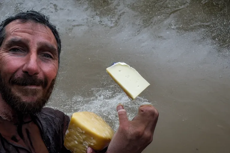 Image similar to closeup portrait of a man carrying a wheel of cheese over his head in a flood in Adelaide in South Australia, photograph, natural light, sharp, detailed face, magazine, press, photo, Steve McCurry, David Lazar, Canon, Nikon, focus