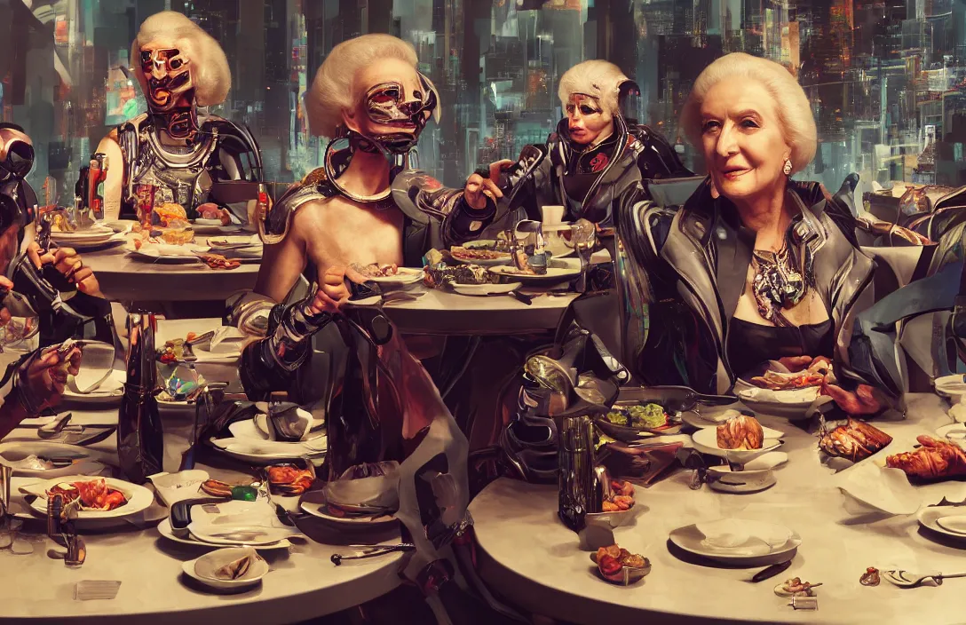 Image similar to portrait of mirtha legrand sitting at the table having lunch with cyborgs. centered. digital art. hyperrealistic, hyperdetailed. cyber punk 4 k octane render