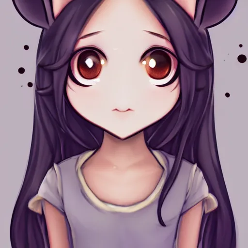 Image similar to headshot of young maple story female mouse, maple story, cute, fantasy, intricate, long hair, dark grey skin, mouse face, maplestory mouse, dark skin, mouse head, mouse ears, black hair, elegant, cartoony, maplestory Deviantart, maplestory character, character art of maple story, smooth, sharp focus, illustration, art by maplestory