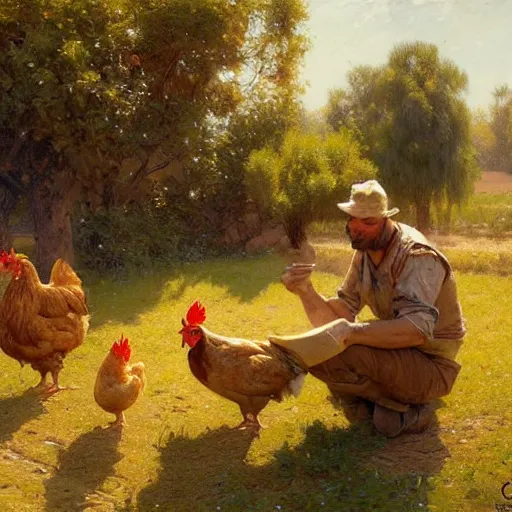Prompt: chicken in the peaceful farm, highly detailed painting by gaston bussiere, craig mullins, j. c. leyendecker, 8 k