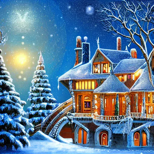 Image similar to fancy treehouse style mansion at the north pole decorated for christmas on snowy winter background, detailed luminescent oil painting 4 k