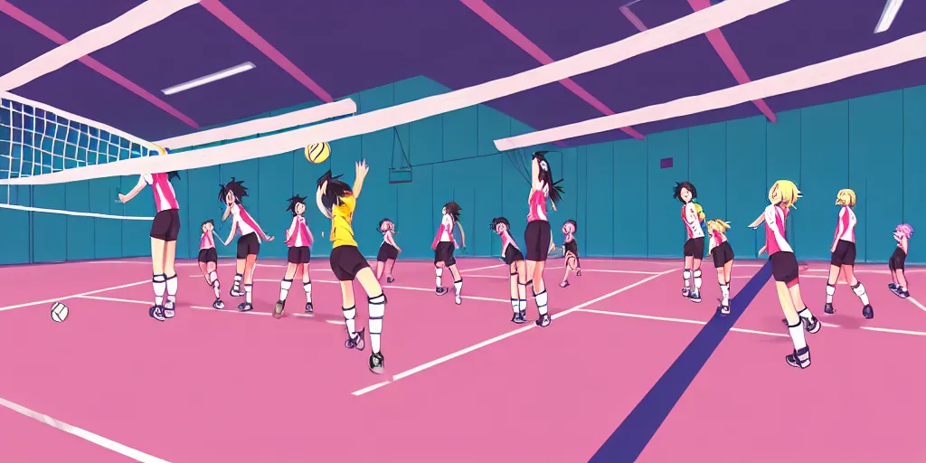 Prompt: girls chilling in school gymnasium playing volleyball, anime style, 2 d, pixel art, digital art, makoto shinkai style, colorful, highly render, octane render, hand drawing style, japanese anime style,