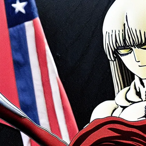 Image similar to griffith from berserk by kentaro miura sitting at white house desk with american flag at his side, photo by getty images