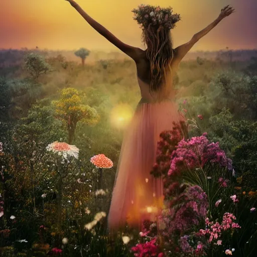 Image similar to A picture of a planet of various flowers, fungus and plants, in which the human figure is dressed in something magical and impressive, inside the picture is infinity, sunset light, Atmospheric phenomenon, artistic photography, muted colors, conceptual