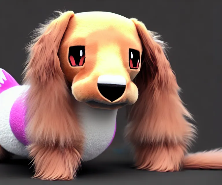 Prompt: high quality 3 d render hyperrealist very cute fluffy dachshund - pokemon, plush mascot, long spiky fluffy smooth hair, photo from the side, multi pastel colors, vray, smooth background, artstation, ultra detailed