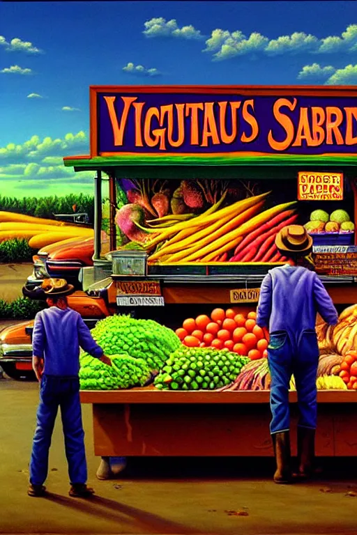 Image similar to a hyperrealistic painting of a roadside vegetable stand ran by mutant farmers. cinematic horror by jimmy alonzo, the art of skinner, chris cunningham, lisa frank, richard corben, highly detailed, vivid color,