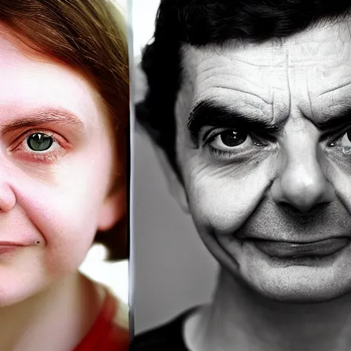 Image similar to A portrait mr bean elizabeth teams up with a teenage mr bean, perfect faces, 50 mm, award winning photography