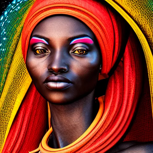 Image similar to UHD African woman, realistic, correct details, cosmic dynamic lighting, symmetrical face, accurate face, in the style of renaissance Michelangelo