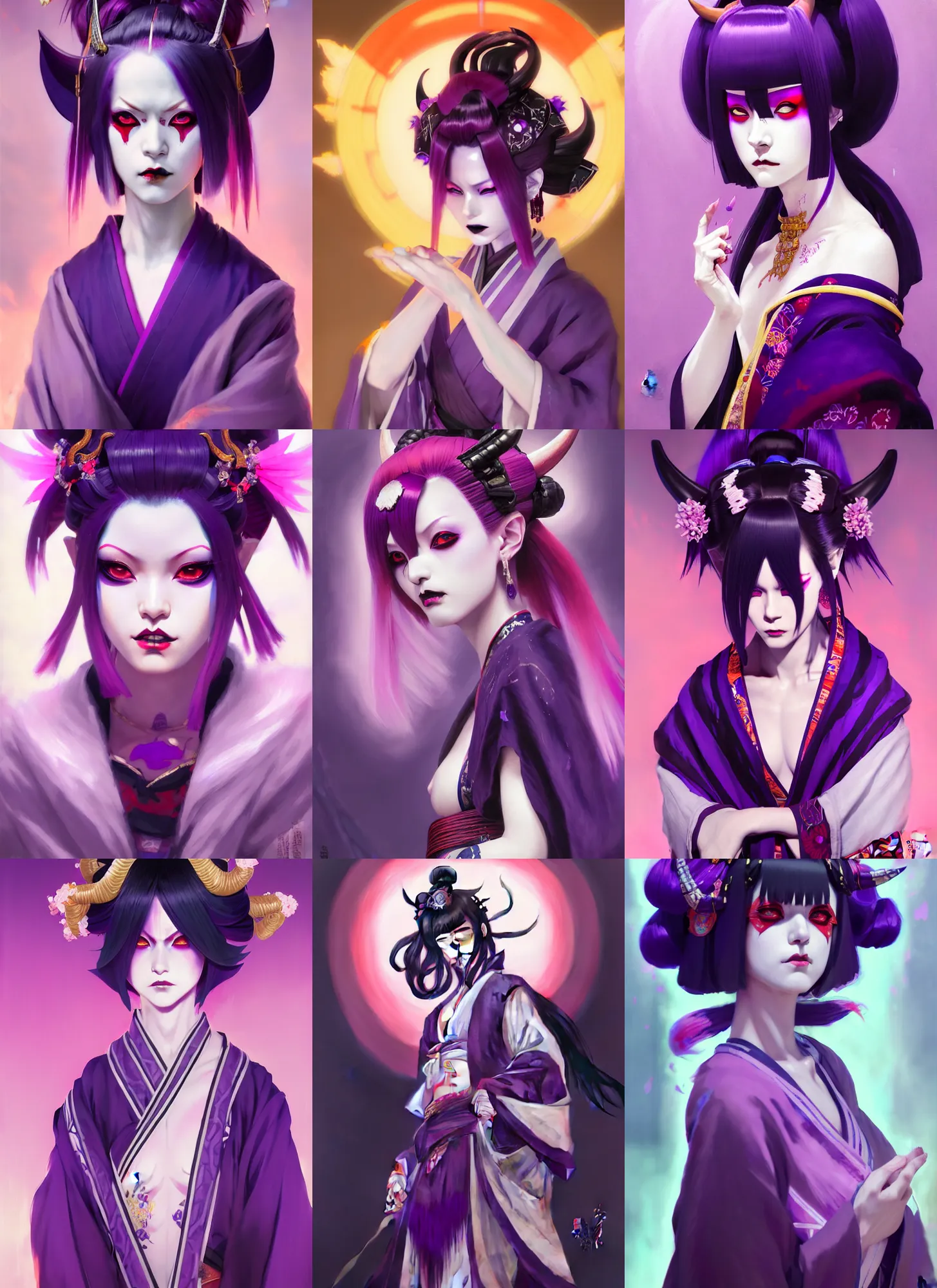 Prompt: ultradetailed beautiful painting of a stylish shuten douji from fate wearing a kimono, oni horns, dramatic, short purple hair, purple skin, distressed, volumetric light, full body portrait by greg rutkowski, ilya kuvshinov, james jean, makoto shinkai, on artstation