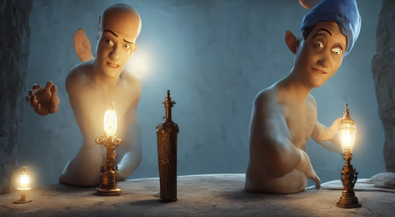 Prompt: The great genie in the bottle demonstrates enormous magical powers stunning the young man who just released him from the lamp. Intricate details, photo realistic, award winning, dramatic lighting, award winning, depth of field, UHD 8K. Rendered with autodesk arnold unreal engine octane render Lumion Blender Maxwell.