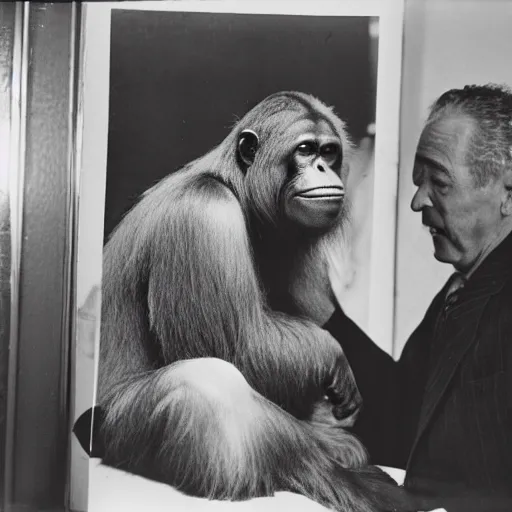 Image similar to 8 k, uhd, historical photos circa 1 9 4 7, smart orang utan professor meet richard feyman