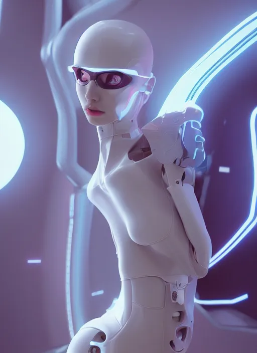 Image similar to white one cast futuristic biomechanics futuristic humanoid, pretty face, beautiful female, futuristic, neon lights, cyberpunk, 8 k, digital painting, by beeple and makoto shinkai, trending on cg society, glamour pose, fashion photography, high fashion, canon r 3, photorealistic, hyper realistic, perfect body, ambient occlusion render