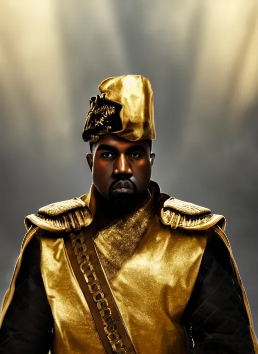 Prompt: kanye west as emperor napoleon in mortal kombat, splash art, movie still, cinematic lighting, dramatic, octane render, long lens, shallow depth of field, bokeh, anamorphic lens flare, 8 k, hyper detailed, 3 5 mm film grain