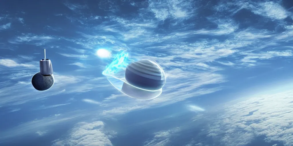 Image similar to high above earth's atmosphere a impossibly large alien mothership craft (reminiscent of a golf-ball) very sleek sanitary with antennae and many little docking ports, charges up it's neon electric blue weapon that will recycle earth on Tuesday, on the bridge aliens spy on earth where people on the ground eat donuts in quaint cafes, 8K, 4K, Octane, UE5, photorealistic, cinematic, highly detailed, highly stylized, concept art, matte painting