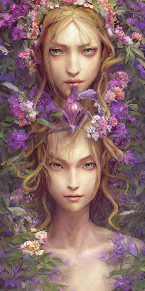 Image similar to a professional painting of the great fairy from legend of Zelda ocarina of time, long golden hair full of flowers, beautiful bone structure, symmetrical facial features, floating above a water fountain in a lush garden, , intricate, elegant, digital painting, concept art, smooth, sharp focus, illustration, from Metal Gear, by Ruan Jia and Mandy Jurgens and Artgerm and William-Adolphe Bouguereau