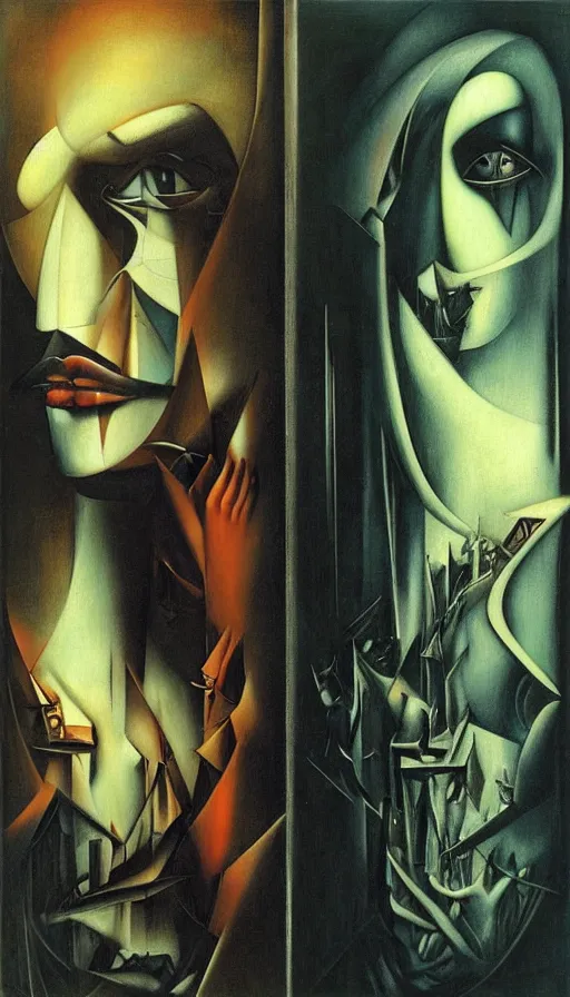 Image similar to illusion of Good and Evil merge in one ,artdeco,H.R. Giger and Tamara de Lempicka and Beksinski style