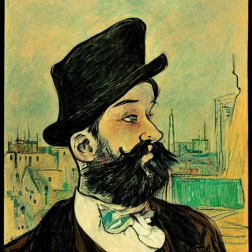 Prompt: A beautiful digital art of a man with a beard and a top hat, looking over a cityscape. by Henri de Toulouse-Lautrec