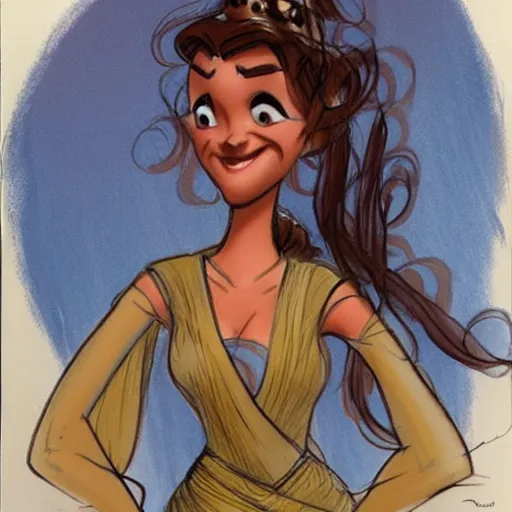 Image similar to milt kahl sketch of vanessa hudgeons with done up hair, tendrils covering face and ponytail as princess padme from star wars episode 3