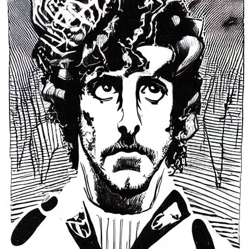 Image similar to black and white pen and ink!!!! rugged royal masonic goetic!! Frank Zappa x Ryan Gosling golden!!!! Vagabond!!!! floating magic swordsman!!!! glides through a beautiful!!!!!!! battlefield dramatic esoteric!!!!!! pen and ink!!!!! illustrated in high detail!!!!!!!! by Junji Ito and Hiroya Oku!!!!!!!!! graphic novel published on 2049 award winning!!!! full body portrait!!!!! action exposition manga panel black and white Shonen Jump issue by David Lynch and Ari Aster beautiful line art