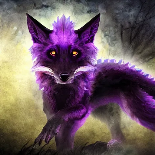 Image similar to feral chimera of a black fox and black dragon, with purple eyes, fantasy forest background, digital art