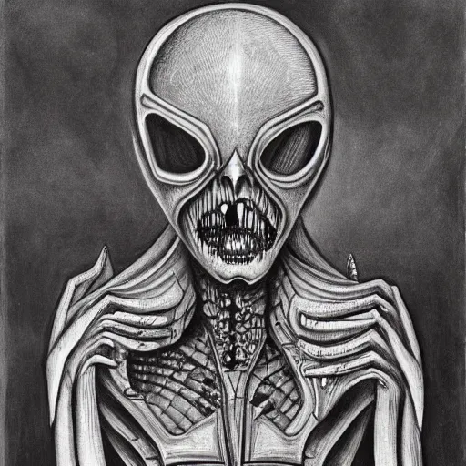 Prompt: surrealist drawing painting of a demon with knight armor in the style of H.R. Giger and M. C. Escher
