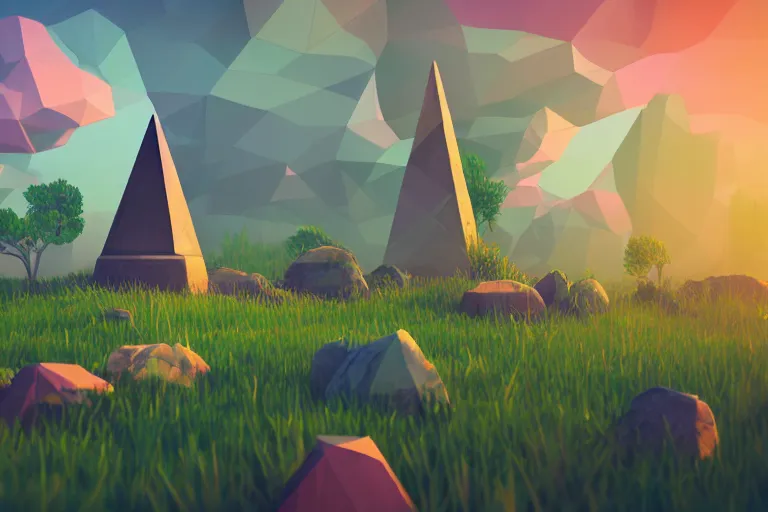 Image similar to super detailed color lowpoly art, overgrown mystical meadow with numerous trees, singular ancient stone obelisk with subtle glowing runes, unreal engine, retrowave color palette, 3 d render, lowpoly, colorful, digital art, perspective