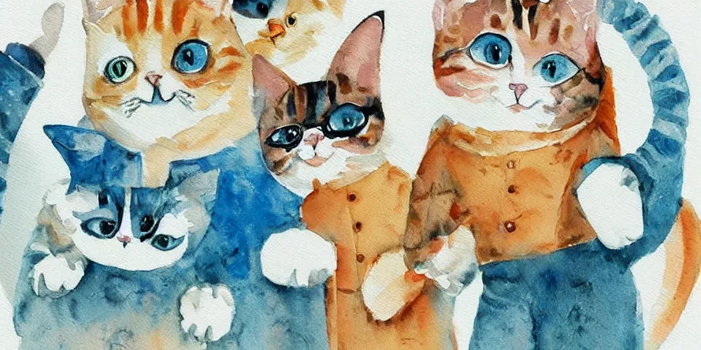 Prompt: watercolor illustration style, cute! cats!!! choose different costumes, business, inspiring art