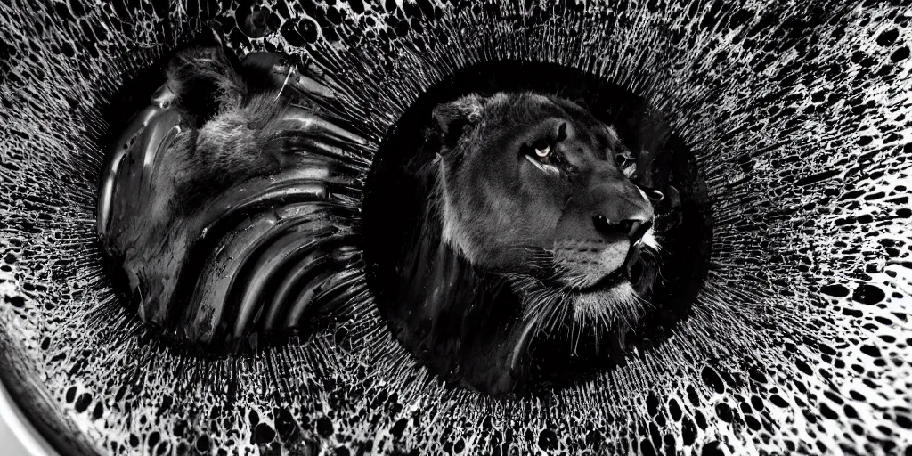 Image similar to a black lioness made of ferrofluid bathing inside the bathtub full of ferrofluid, covered in dripping ferrofluid. dslr, photography, realism, animal photography