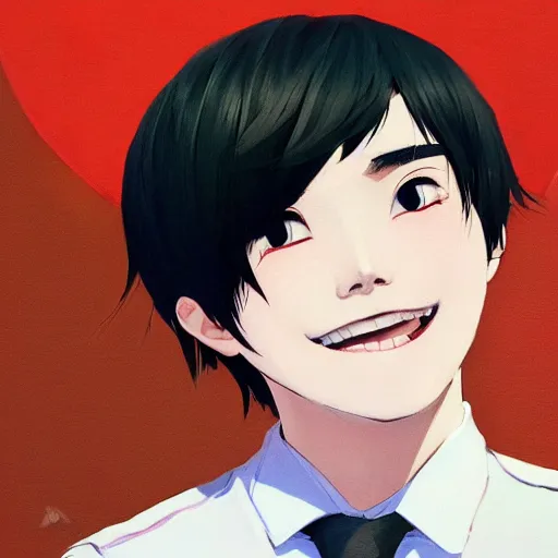 Image similar to a headshot of a very happy yoongi closed smile - short black hair wearing male school uniform, sharp focus, illustration, morandi color scheme, art station, high detailed, by ilya kuvshinov, gorillaz art