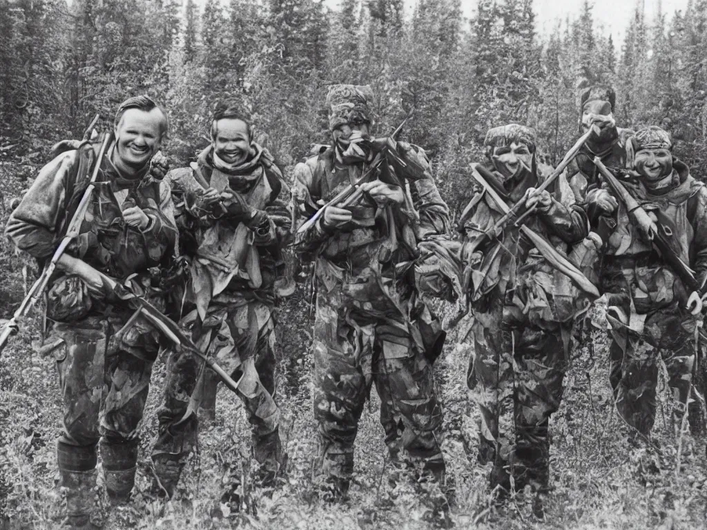 Image similar to happy group of finnish men with rifles preparing for a moose hunt and smiling to the camera, 1 9 6 6, home album pocket camera photo, detailed facial features, hyper realistic