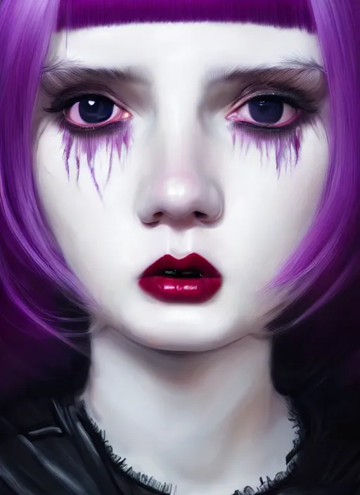 Image similar to portrait of white teenage girl, normal face, white bangs, mall goth, cyberlox, black and white hair, bangs, fluffy bangs, red contact lenses, purple lipstick, intricate, elegant, highly detailed, digital painting, artstation, concept art, sharp focus, smooth, illustration, art by wlop, mars ravelo and greg rutkowski