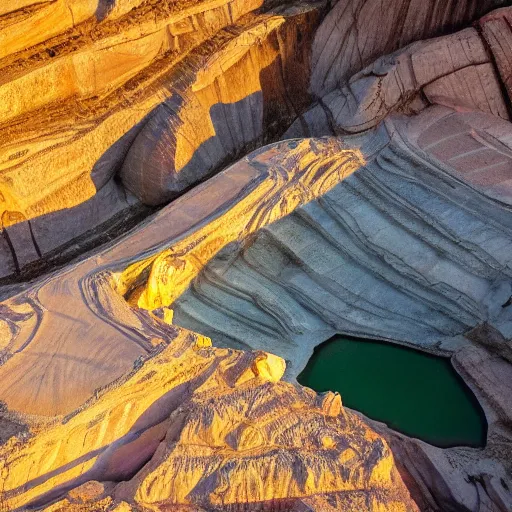 Image similar to bottom-up view from a huge deep multicoloured rock quarry in the evening light ultra detailed by National Geographic style, golden hour, atmospheric lighting, 8k resolution, best color graded, vray beautiful, hyper-realistic render W 1080 H 1080