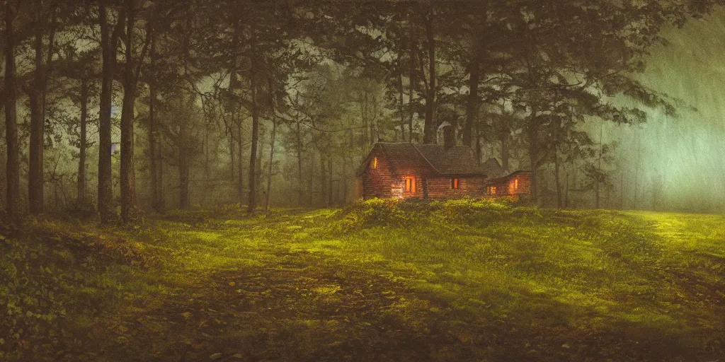 Prompt: a painting of a cottage in the woods and empty woods, 35mm lens, 8k, fantasy, hyper realistic, atmospheric, cinematic