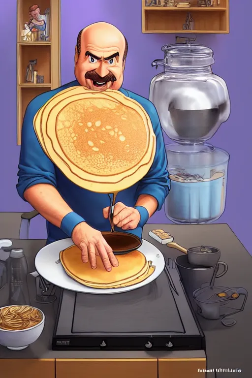 Image similar to dr phil making pancakes, animation pixar style, by pendleton ward, magali villeneuve, artgerm, rob rey and kentaro miura style, golden ratio, trending on art station