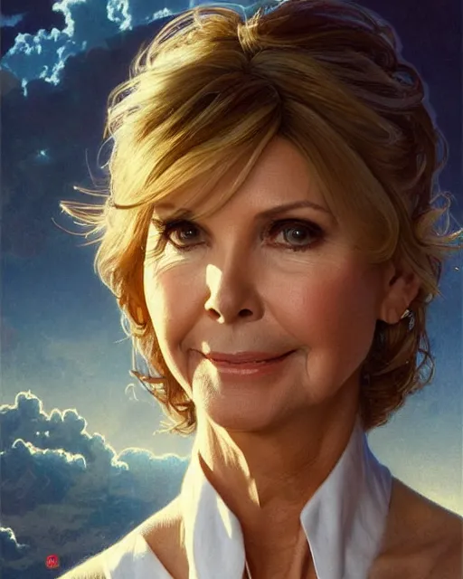 Image similar to Portrait of a Olivia Newton John going up to heaven, Michael Mcintyre looks on in background, real life skin, intricate, elegant, highly detailed, artstation, concept art, smooth, sharp focus, art by artgerm and greg rutkowski and alphonse mucha