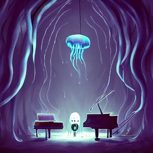 Image similar to scary creature playing the piano, glowing jellyfish in the background, scary lighting, stunning digital art, artstation, hollow knight style