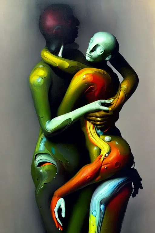 Prompt: a strange biomorphic painting of two humanoid figures entwined as one being, in the style of adrian ghenie in the style of charlie immer, part by gerhard richter, highly detailed, dramatic, emotionally evoking, head in focus, volumetric lighting, oil painting, masterpiece, octane render