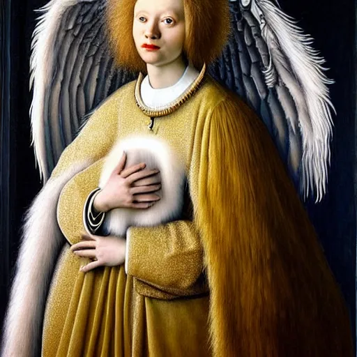 Image similar to highdetailed hyperrealistic painting of white angel!!! no gender!!!, giant ball of miracle light from the chest!!!!!, white sparkles everywhere, 4 k hd fur face!!!, big wings, by jan van eyck, holography space, glow effect, large strokes, white monochrome color!!!!!