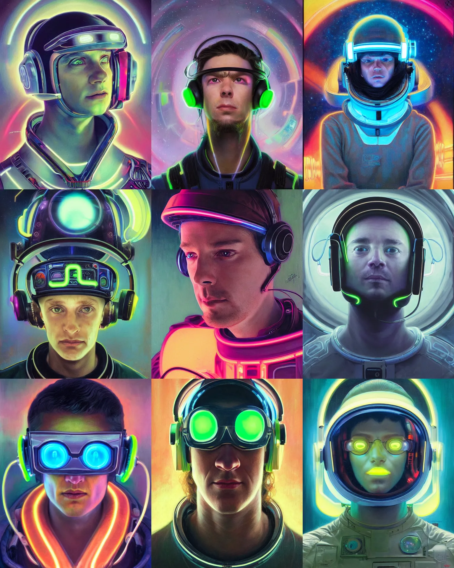 Prompt: future coder looking on, glowing visor over eyes and sleek neon headphones, neon accents, desaturated headshot portrait painting by donato giancola, dean cornwall, rhads, edmund dulac, alex grey, alphonse mucha, astronaut cyberpunk electric fashion photography slight stubble