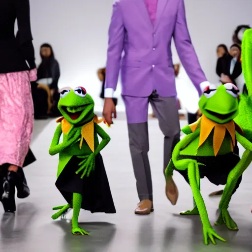 Image similar to Kermit the frog as a fashion week runway model 4k photo magazine journalism